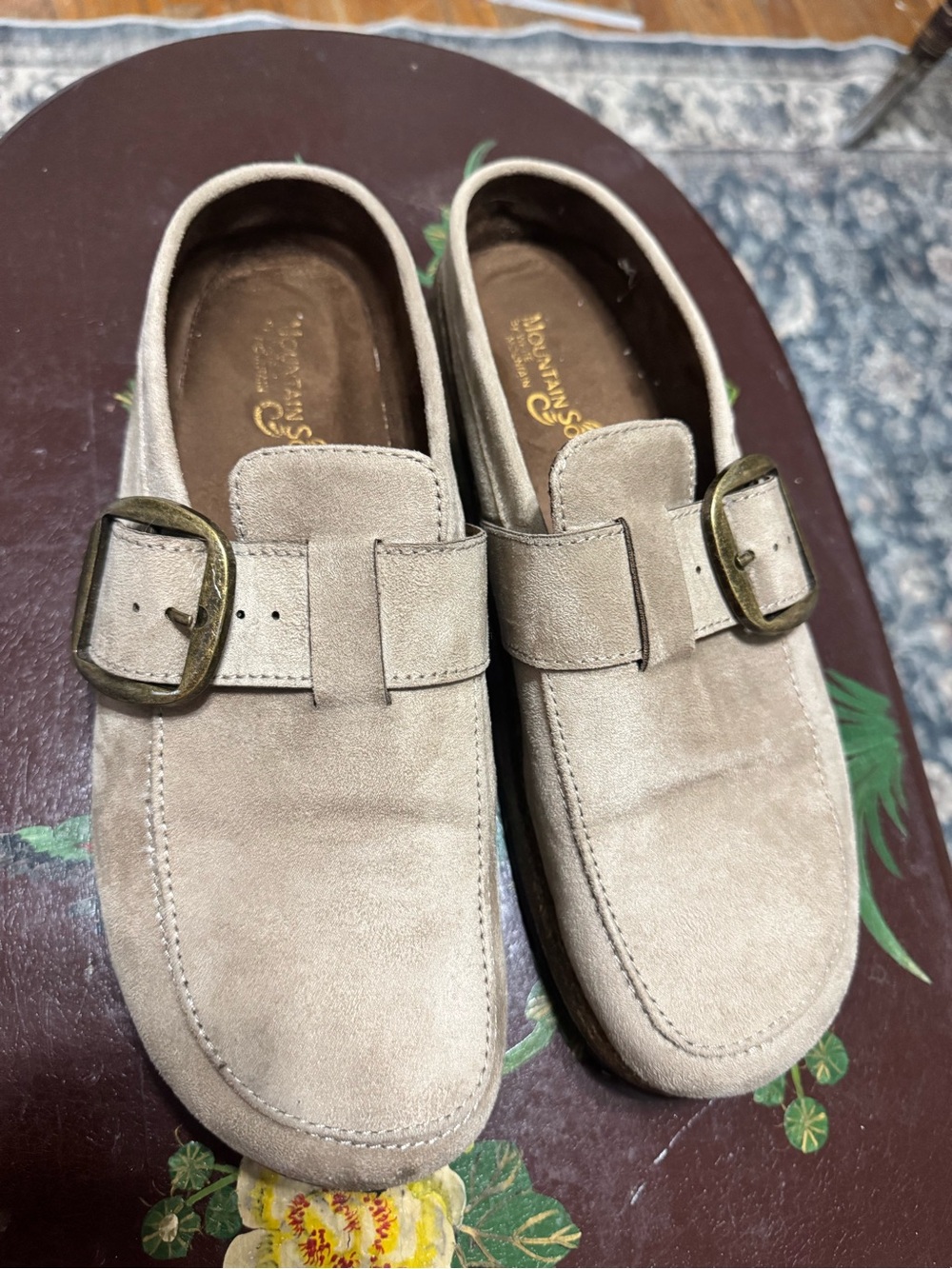 Women's Suede Buckle Slip-On Mules in Taupe